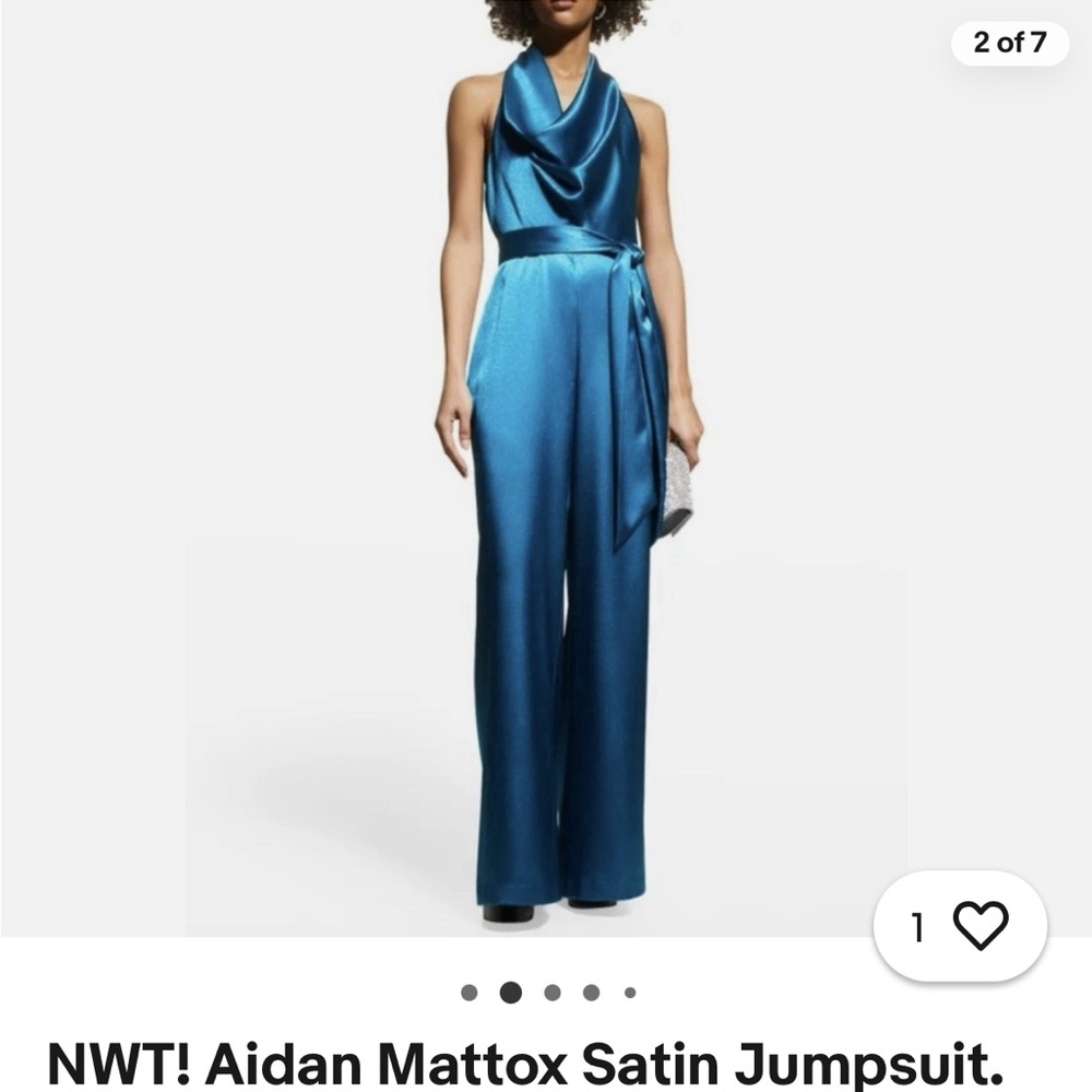 Aidan Mattox Satin Halter Jumpsuit in Teal Blue